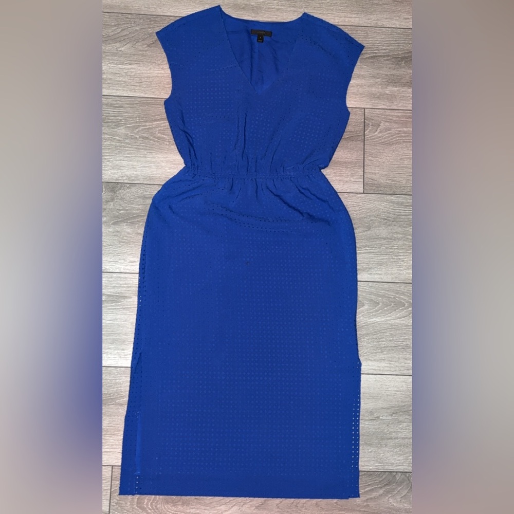 J Crew Size 2 Classic Sheath Dress Royal Blue Vneck Perforated Midi Side Slits